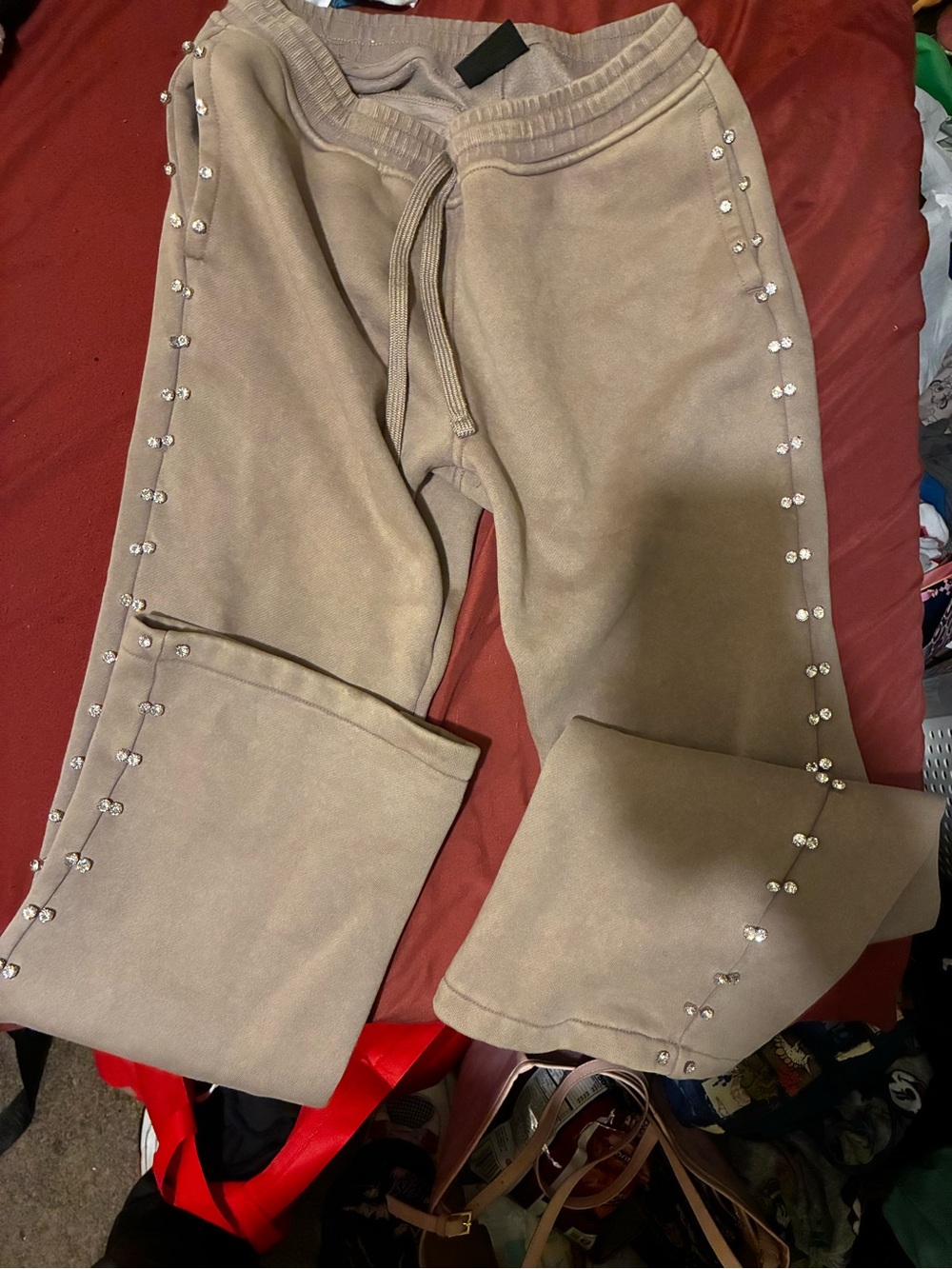 Taupe Rhinestone Trim Sweatpants